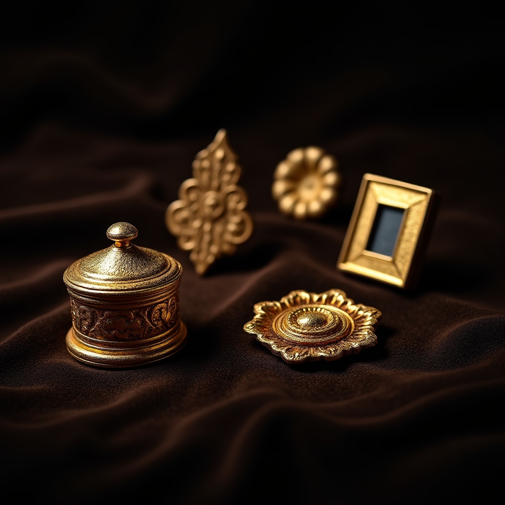 Oggetti decorativi in legno dorati con foglia d'oro nel laboratorio