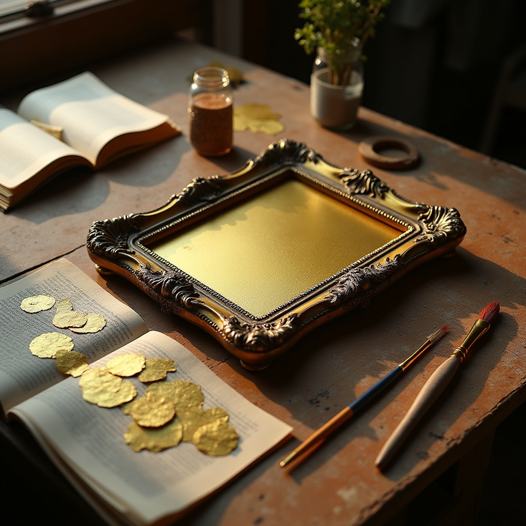 Banco da lavoro del doratore con strumenti tradizionali disposti con ordine