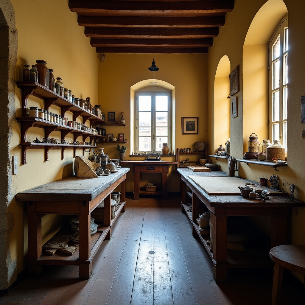 Interno del laboratorio artigianale con banchi da lavoro e strumenti da doratore